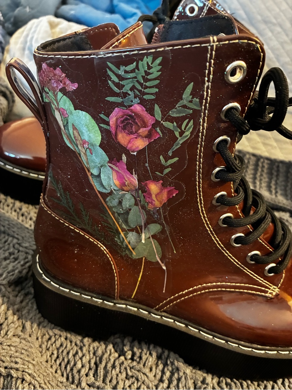 DIY Whimsical Cottage Core Glitter Floral Brown Wedge Combat Boots Unique - Picture 7 of 15